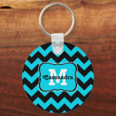 Monogram met de naam Turquoise en zwarte chevron Sleutelhanger (Voorkant)