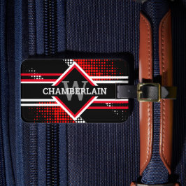 Monogram met dubbele lijnen op rood wit en zwart bagagelabel