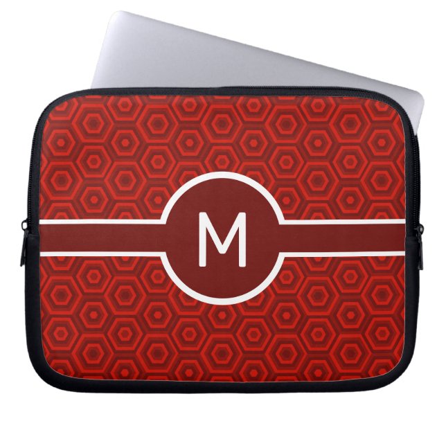 Monogram met één letter op rode zeshoeken laptop sleeve (Voorkant)