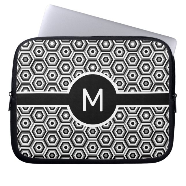 Monogram met één letter op zwarte en witte zeshoek laptop sleeve (Voorkant)