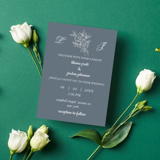 monogram met elegant Dusty Blue WEDDING Kaart