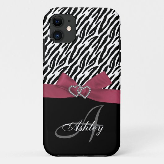 Monogram met gepersonaliseerde roze, zwarte Zebra  Case-Mate iPhone Case (Achterkant)