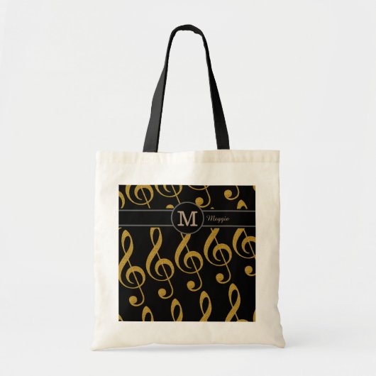 monogram met gouden muzieknoten tote bag (Voorkant)