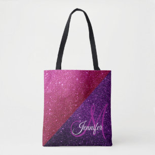 Monogram met hete roze, paarse glitters en glinste tote bag