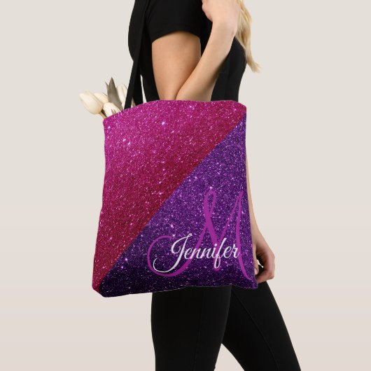 Monogram met hete roze, paarse glitters en glinste tote bag (Dichtbij)