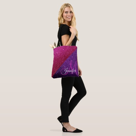 Monogram met hete roze, paarse glitters en glinste tote bag (Op model)
