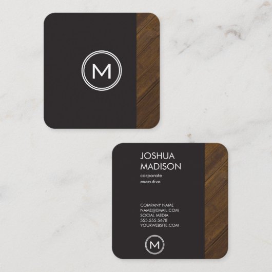 Monogram met houten afwerking vierkante visitekaartje (Voorkant / Achterkant)
