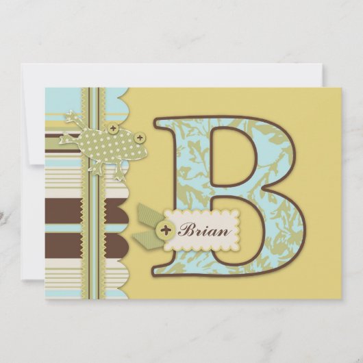 Monogram met kikker- en stripprintBaby shower Kaart (Voorkant)
