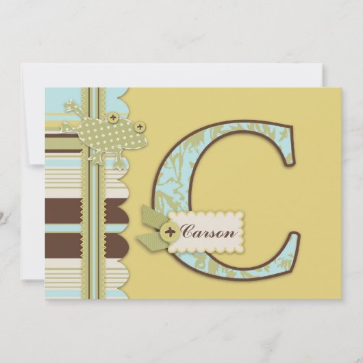 Monogram met kikker- en stripprintBaby shower Kaart (Voorkant)
