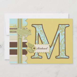 Monogram met kikker- en stripprintBaby shower Kaart