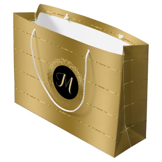 Monogram met kleine faux-gouden strepen groot cadeauzakje (Achterkant Gekanteld)