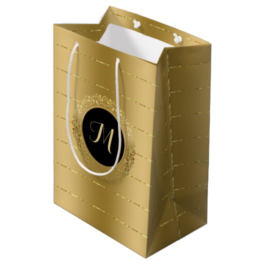 Monogram met kleine faux-gouden strepen medium cadeauzakje (Achterkant Gekanteld)
