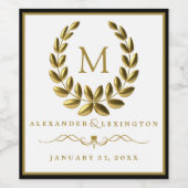Monogram met Laurel Wreath Zwart en Gouden Bruilof Wijn Etiket (Enkel label)
