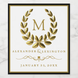Monogram met Laurel Wreath Zwart en Gouden Bruilof Wijn Etiket