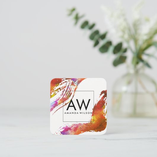 Monogram met Moderne Waterverf geborsteld Vierkante Visitekaartje (Staand voorkant)