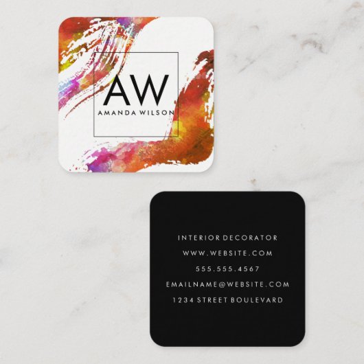 Monogram met Moderne Waterverf geborsteld Vierkante Visitekaartje (Voorkant / Achterkant)