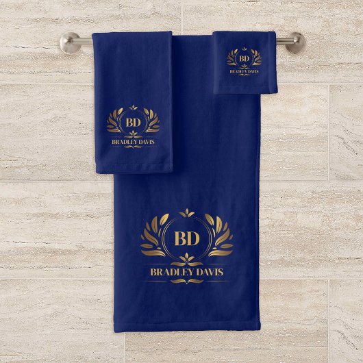 Monogram met naam blauw goud elegant bad handdoek