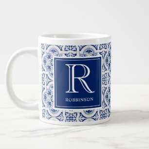 Monogram met naam Blauwe Siciliaanse Tegel Grote Koffiekop