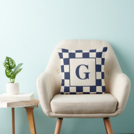 Monogram met Navy Cream Checkered Border Kussen