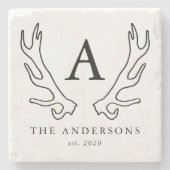Monogram met robuuste hertenhoorns stenen onderzetter (Voorkant)