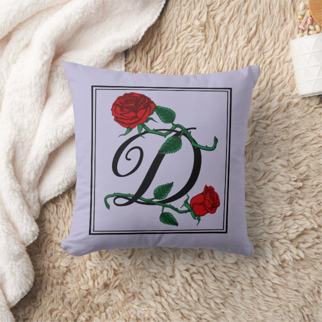 Monogram met rode rozen paars letter D Kussen (Deken)
