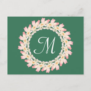 Monogram met roze rozen en waterlelies frame briefkaart