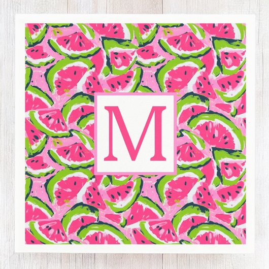 Monogram met roze watermeloenfruitsnedenpatroon servet