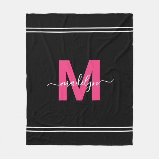 Monogram met roze zwarte scriptnaam fleece deken (Voorkant)