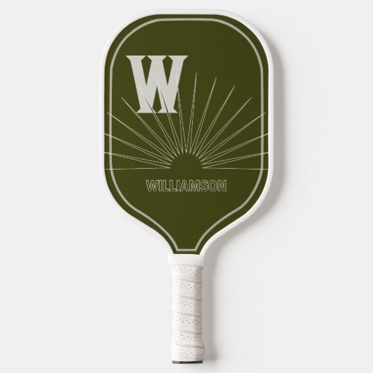 Monogram met Sunburst & naam Olijfgroen Pickleball Paddle (Voorkant)