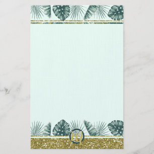 Monogram met tropische bladeren en glitter briefpapier