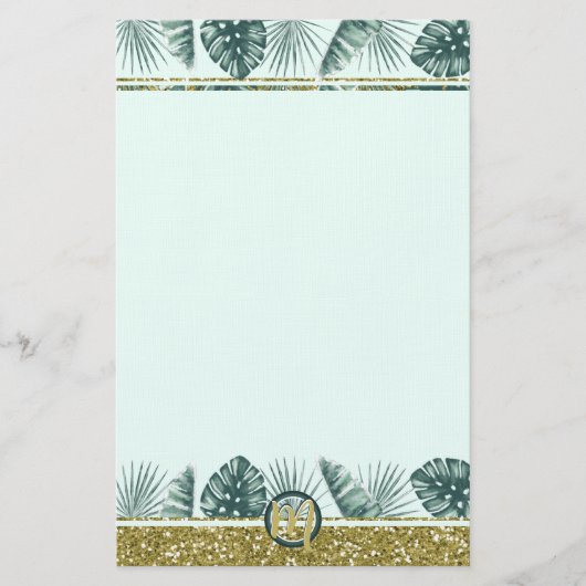 Monogram met tropische bladeren en glitter briefpapier (Voorkant)
