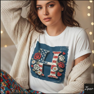 Monogram met vlagletter H rozen harten T-shirt