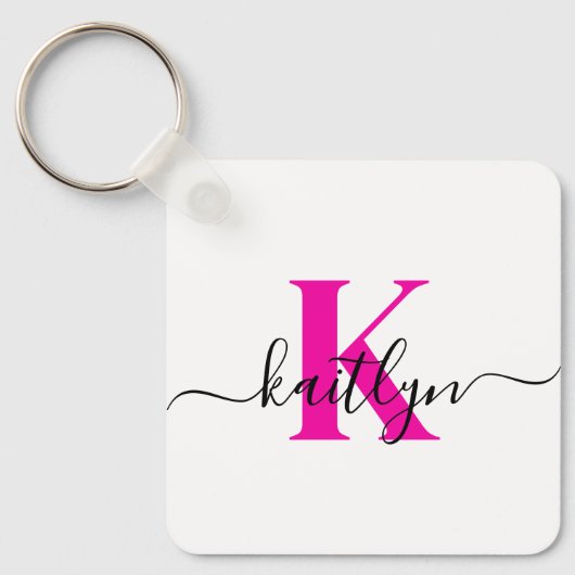 Monogram met warme roze initiaal sleutelhanger (Voorkant)