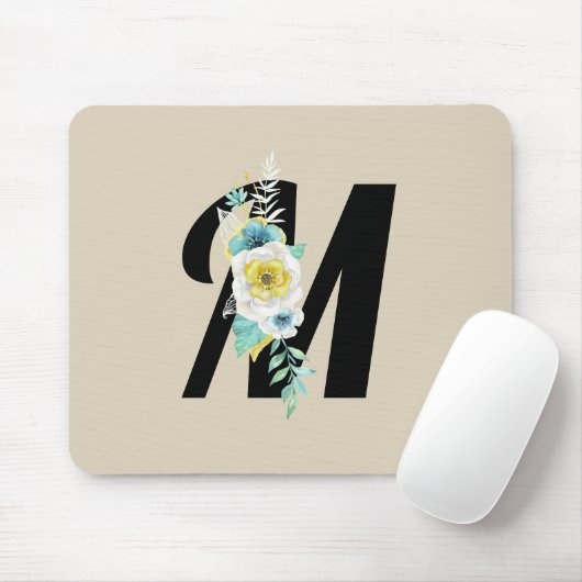  monogram met wit & Aqua Floral op Tan Muismat (Met muis)