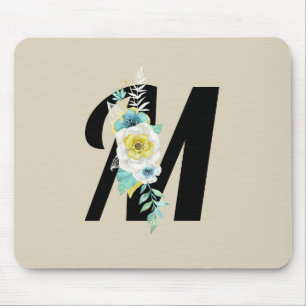 monogram met wit & Aqua Floral op Tan Muismat