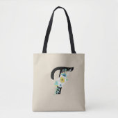  monogram met wit & Aqua Floral op Tan Tote Bag (Voorkant)
