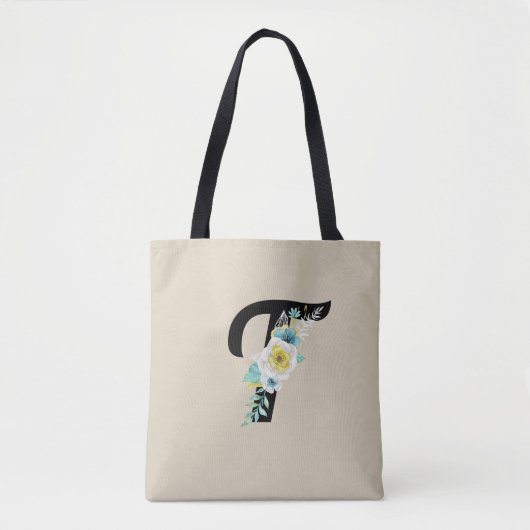  monogram met wit & Aqua Floral op Tan Tote Bag (Voorkant)