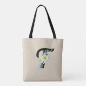  monogram met wit & Aqua Floral op Tan Tote Bag (Achterkant)