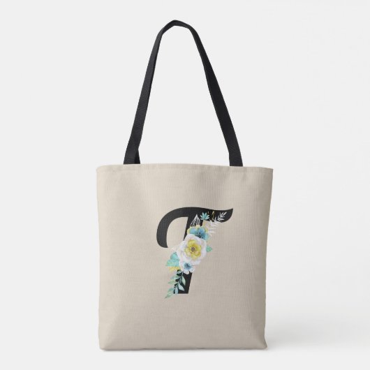  monogram met wit & Aqua Floral op Tan Tote Bag (Achterkant)