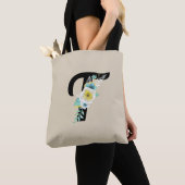  monogram met wit & Aqua Floral op Tan Tote Bag (Dichtbij)
