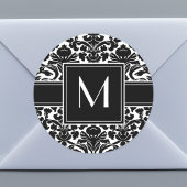 Monogram met zwart en wit damast ronde sticker