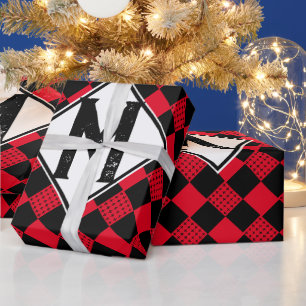 Monogram met zwart-rood geruit Buffalo-ruttenmotie Cadeaupapier