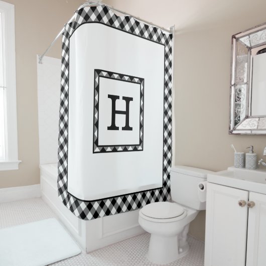 Monogram met zwart-witte buffel Check Border Douchegordijn (In situ)