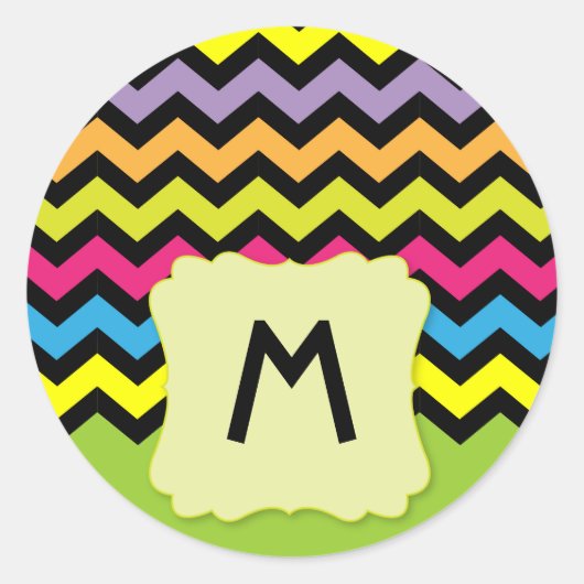 Monogram met zwarte Chevrons & heldere kleuren Ronde Sticker (Voorkant)
