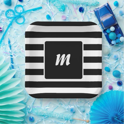 Monogram met zwarte en witte streep papieren bordje (Feest)