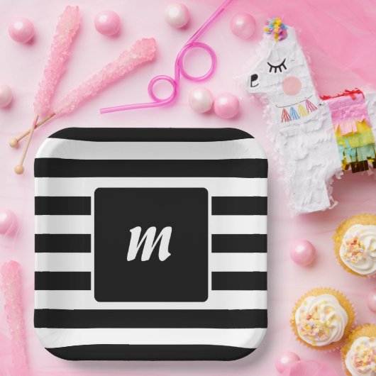 Monogram met zwarte en witte streep papieren bordje (Feest)