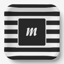Monogram met zwarte en witte streep papieren bordje