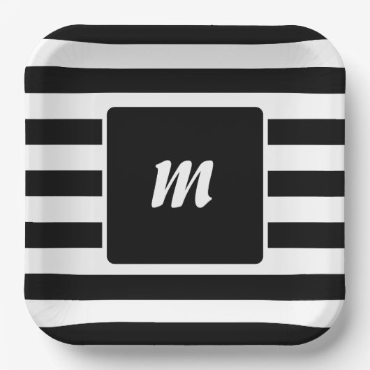 Monogram met zwarte en witte streep papieren bordje (Voorkant)