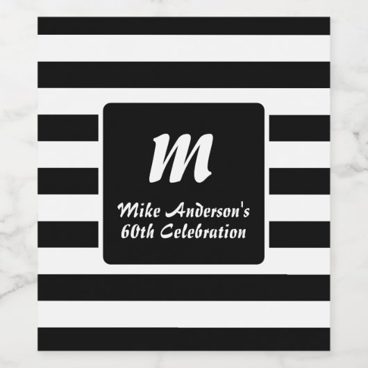 Monogram met zwarte en witte streep wijn etiket (Enkel label)