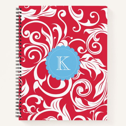 Monogram met zwarte rode en blauwe platte scrollen notitieboek (Voorkant)